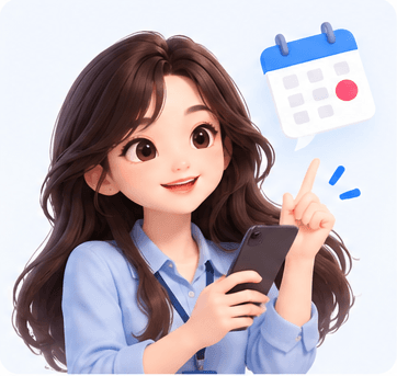Linh vật trợ lý chỉ vào lịch trên điện thoại
