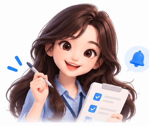Linh vật trợ lý mỉm cười, cầm bút và bảng việc đã đánh dấu